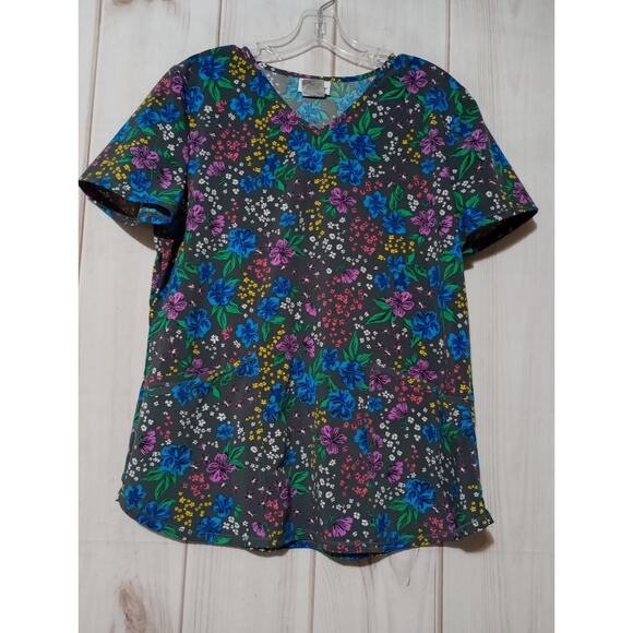 Scrubstar Scrub Top Ladies Medium Blue Floral - Picture 1 of 6